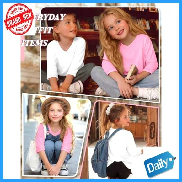 Girls 3-Pack 3/4 Sleeve V-Neck Tees Soft Loose Fit Lightweight Blouses
